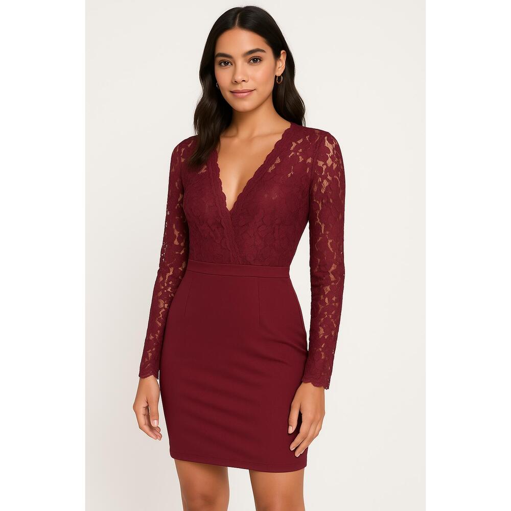 Lulus Dress Womens‎ Medium Burgundy Bodycon Lace Long Sleeves Plunging Chic